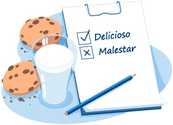 Dibujo de galletas y un vaso de leche con una tabla sujetapapeles y una lista de verificación de “delicioso” y “malestar”