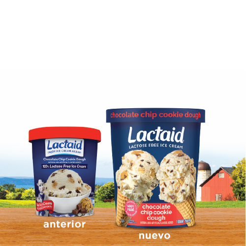 Comparación del paquete anterior y el nuevo de helado con masa de galleta sin lactosa LACTAID