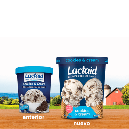 Comparación del paquete anterior y el nuevo de helado de galletas con crema sin lactosa LACTAID