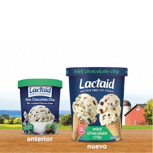 Comparación del paquete anterior y el nuevo de helado de menta con chips de chocolate sin lactosa LACTAID