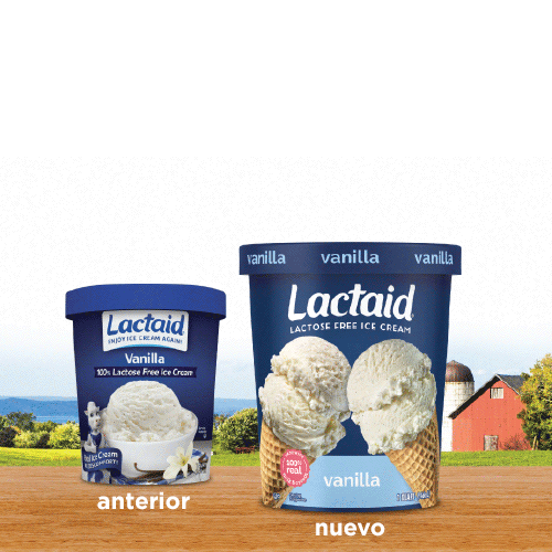 Comparación del paquete anterior y el nuevo de helado de vainilla sin lactosa LACTAID