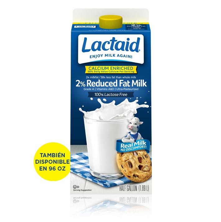 Envoltorio del producto de leche LACTAID sin lactosa reducida en grasa al 2 % y enriquecida con calcio