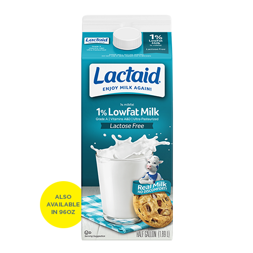 Frente del envase de leche LACTAID baja en grasa al 1 %