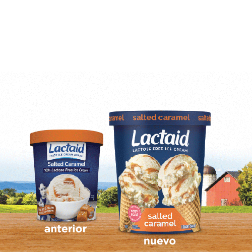 Comparación del paquete anterior y el nuevo de helado de caramelo salado sin lactosa LACTAID