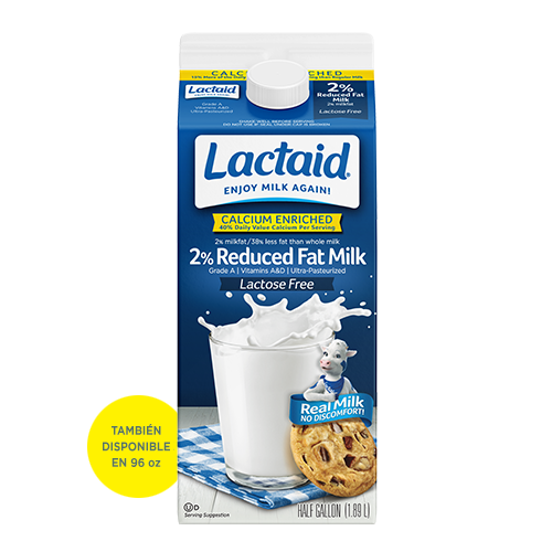 Frente del envase de la leche Lactaid enriquecida con calcio y reducida en grasa al 2 %