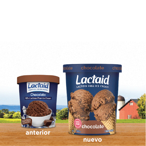 Comparación del paquete anterior y el nuevo de helado de chocolate sin lactosa LACTAID