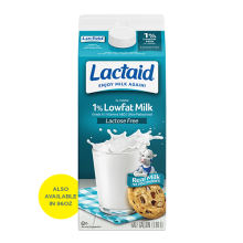 Frente del envase de leche LACTAID baja en grasa al 1 %