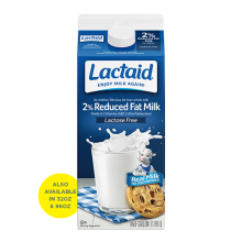 Frente del envase de leche LACTAID reducida en grasa al 2 %