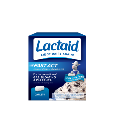 Frente del paquete de pastillas LACTAID Fast Act de suplemento de enzima lactasa