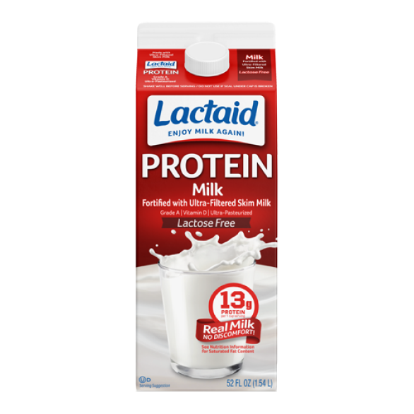 Frente del envase de la leche entera Lactaid con alto contenido de proteínas