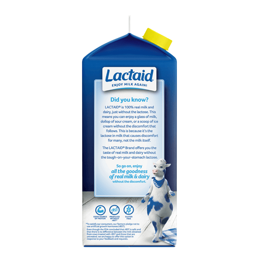 Lateral izquierdo del envase de leche LACTAID enriquecida con calcio y reducida en grasa al 2 %