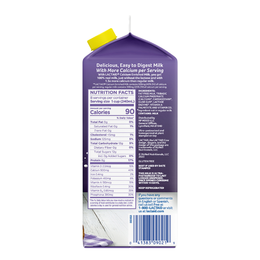 Lateral derecho con información nutricional del envase de la leche Lactaid enriquecida con calcio y sin grasa