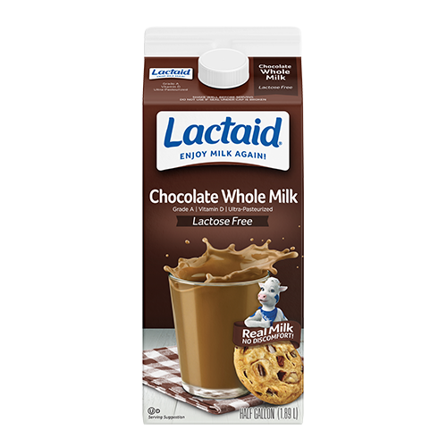 Frente del envase de la leche Lactaid con chocolate