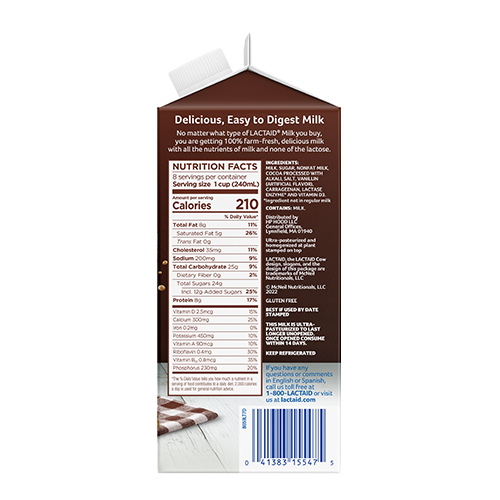 Lateral derecho con información nutricional del envase de la leche Lactaid con chocolate