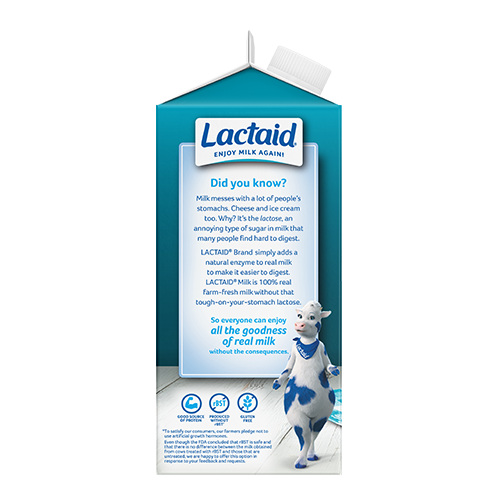 Lateral izquierdo del envase de leche LACTAID baja en grasa al 1 %