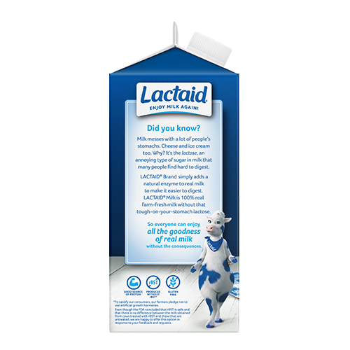 Lateral izquierdo del envase de leche LACTAID enriquecida con calcio y reducida en grasa al 2 %