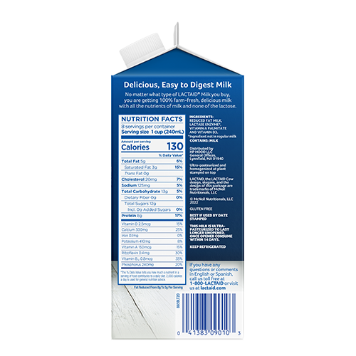Lateral derecho con información nutricional del envase de leche LACTAID reducida en grasa al 2 %