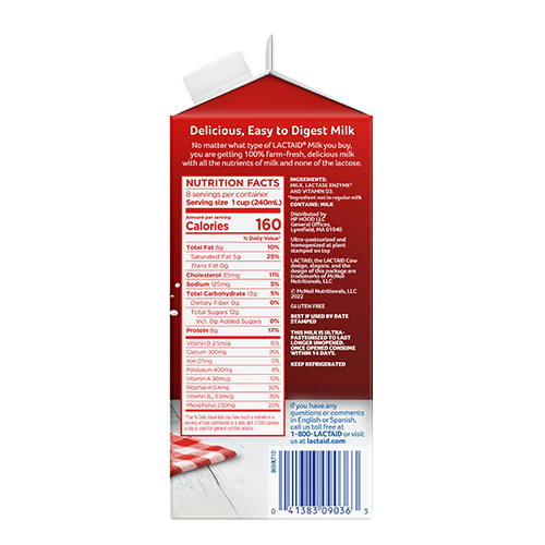 Lateral derecho con información nutricional del envase de leche LACTAID entera