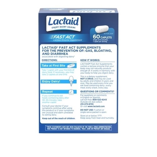 Reverso del paquete de pastillas masticables LACTAID Fast Act de suplemento de enzima lactasa