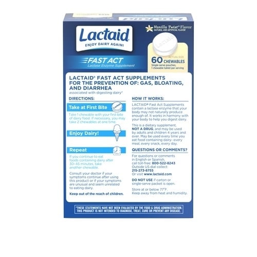 Reverso del paquete de tabletas masticables LACTAID Fast Act de suplemento de enzima lactasa