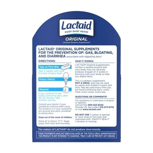 Reverso del paquete de pastillas LACTAID Original Strength de suplemento de enzima lactasa