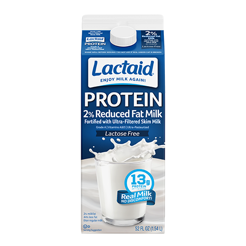 Frente del envase de leche LACTAID con contenido alto de proteínas al 2 % 