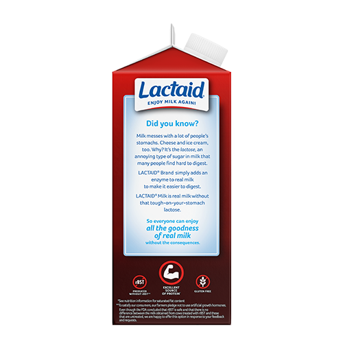Lateral izquierdo del envase de la leche entera Lactaid con alto contenido de proteínas