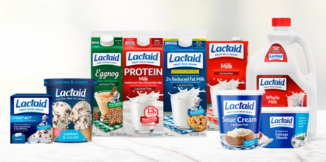 Productos LACTAID sin lactosa: helados, leche, crema agria, queso cottage y comprimidos de enzima lactasa