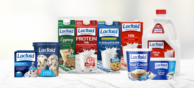 Surtido de productos LACTAID que incluye leche sin lactosa, queso cottage y helado