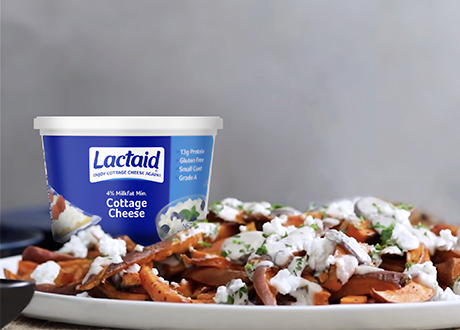 Lactaid Lactose-Free Cottage Cheese on Top of Sweet Potato Fries