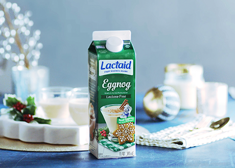 Lactaid Lactose-Free Eggnog Set On a Festively Decorated Table