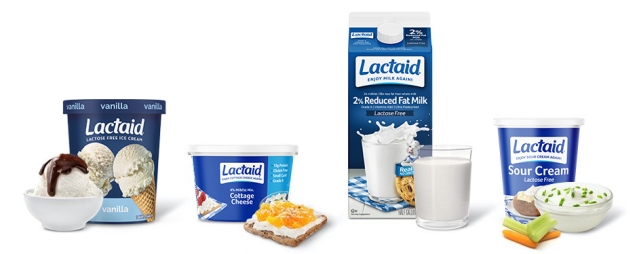 Surtido de productos LACTAID que incluye leche sin lactosa, queso cottage y helado