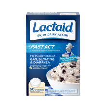 Frente del paquete de tabletas masticables LACTAID Fast Act de suplemento de enzima lactasa