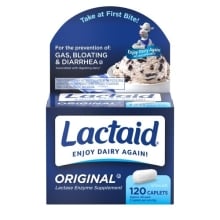 Frente del paquete de pastillas LACTAID Original Strength de suplemento de enzima lactasa