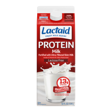 Frente del envase de la leche entera Lactaid con alto contenido de proteínas